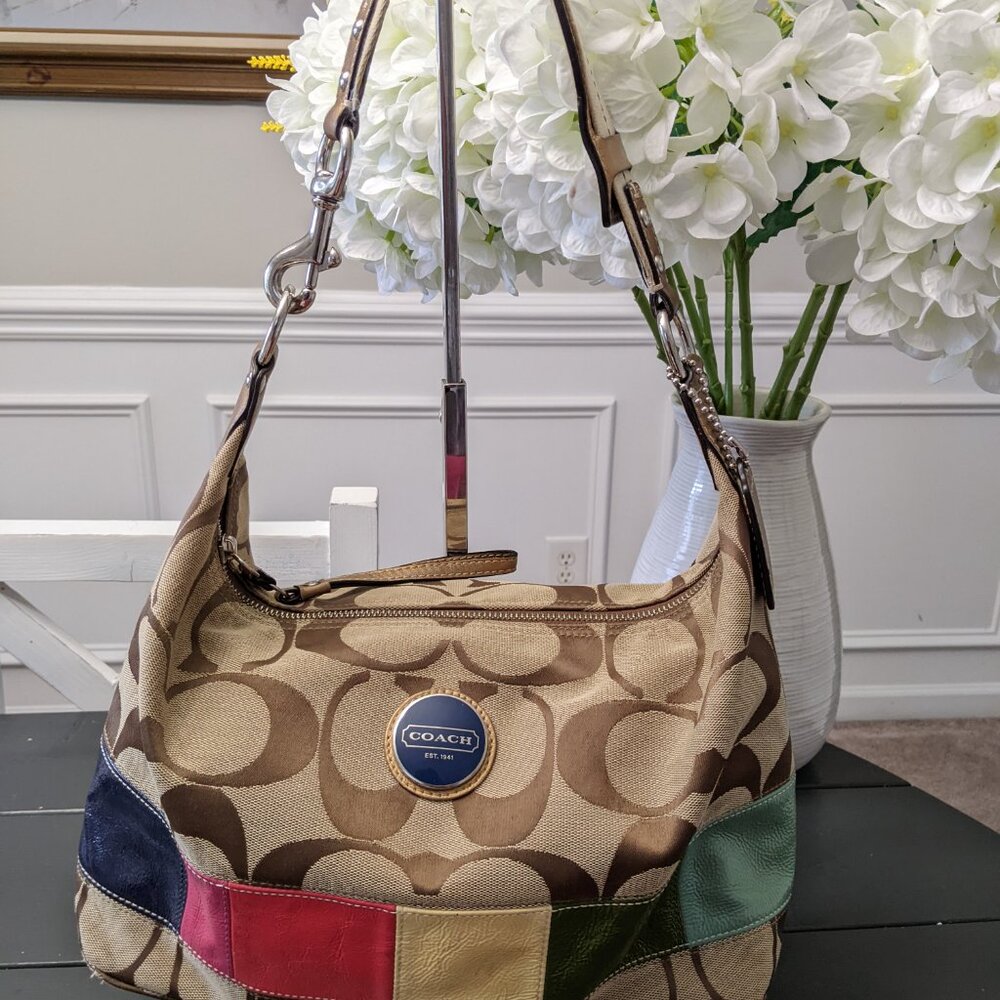 Coach F15586 Stripe In Khaki & Multi Color Signature Jacquard Patent Leather
